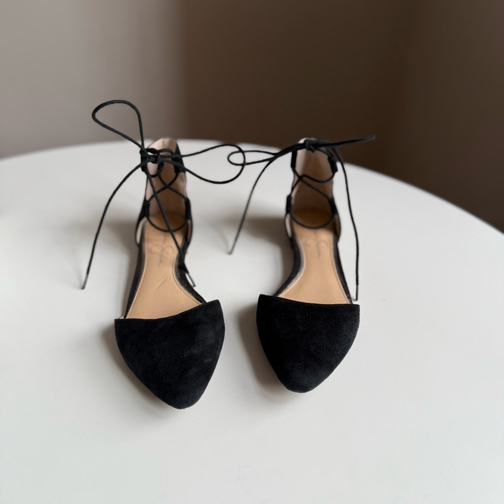 Jessica Simpson Suede Black Lace-Up Flats Size US 7,5 EU 37,5 Ankle Tie - Picture 3 of 14
